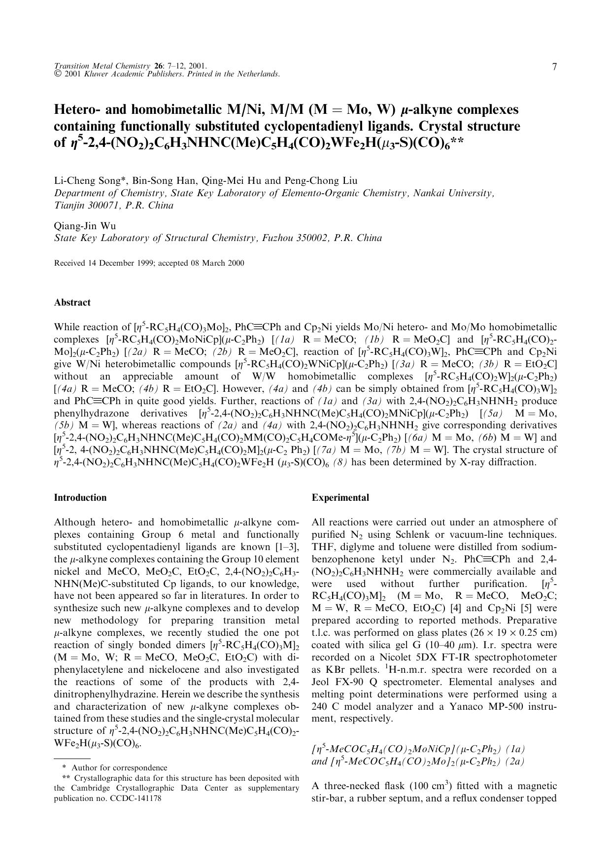 Hetero- and homobimetallic MNi, MM (M = Mo, W) μ-alkyne complexes containing functionally substituted cyclopentadienyl ligands. Crystal structure of η5-2,4-(NO2)2C6H3 by Unknown