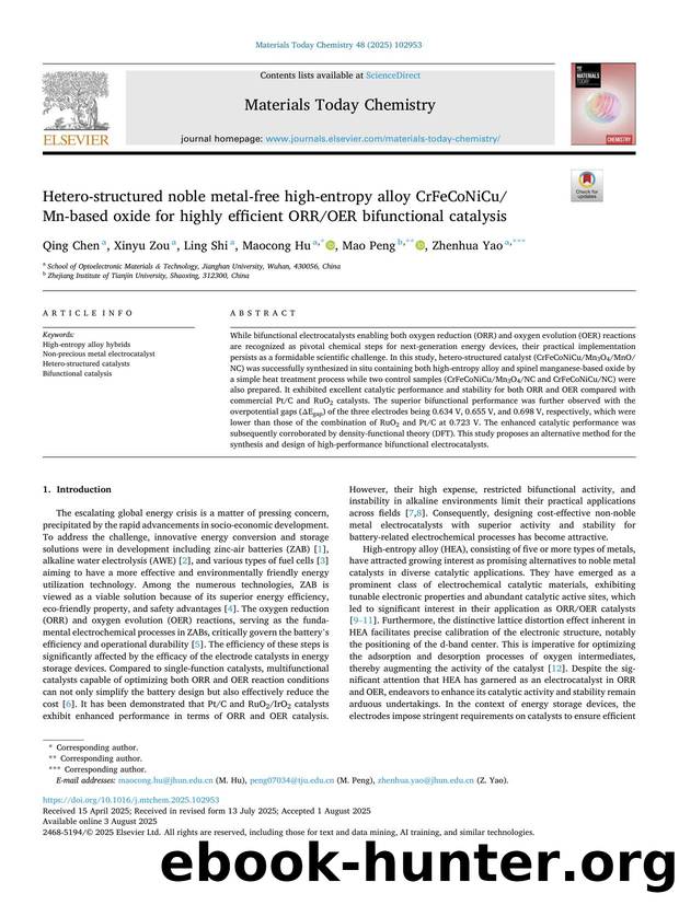 Hetero-structured noble metal-free high-entropy alloy CrFeCoNiCuMn-based oxide for highly efficient ORROER bifunctional catalysis by Qing Chen