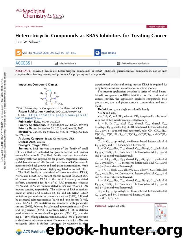 Hetero-tricyclic Compounds as KRAS Inhibitors for Treating Cancer by Ram W. Sabnis