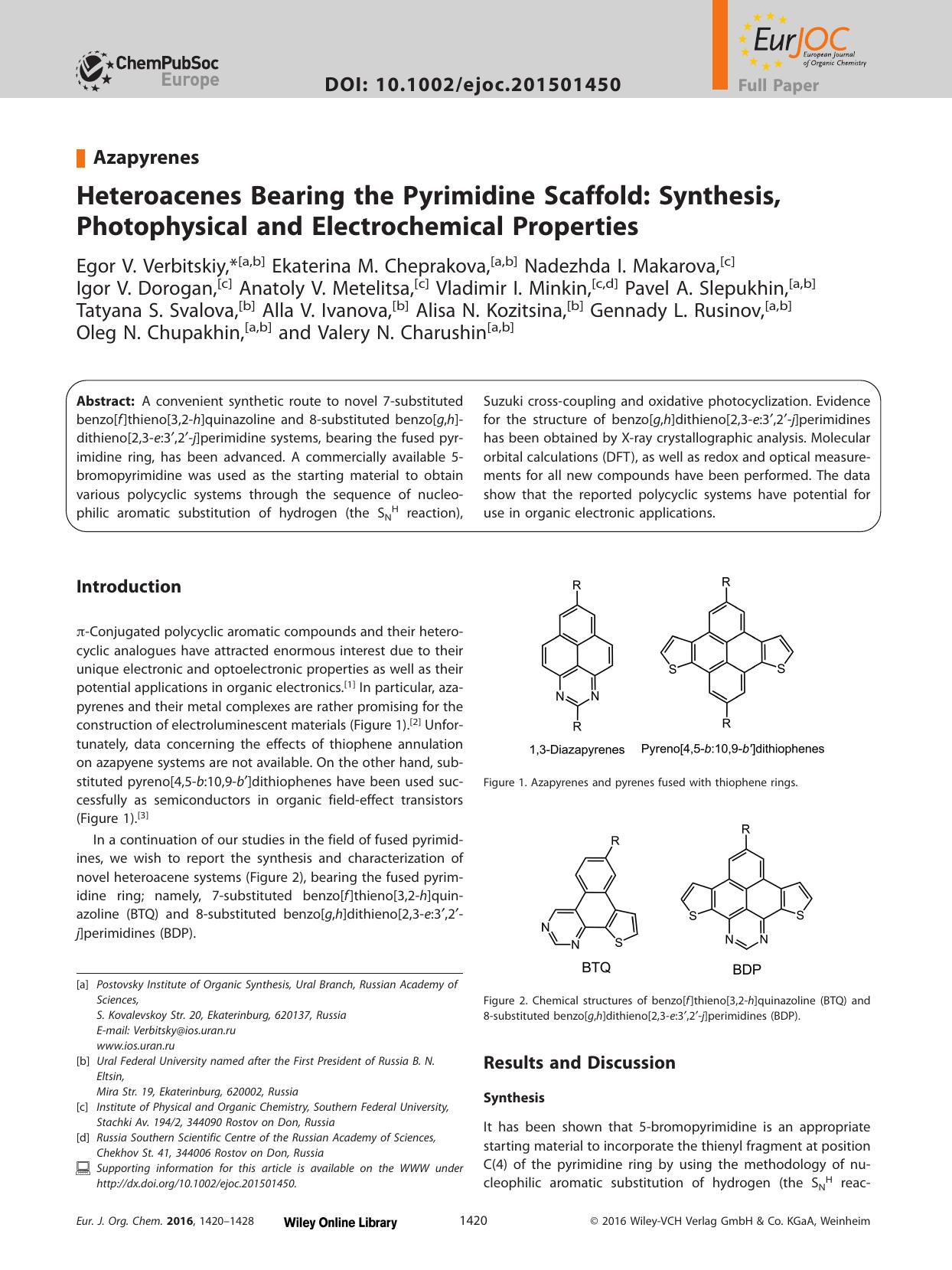 Heteroacenes Bearing the Pyrimidine Scaffold: Synthesis, Photophysical and Electrochemical Properties by Unknown