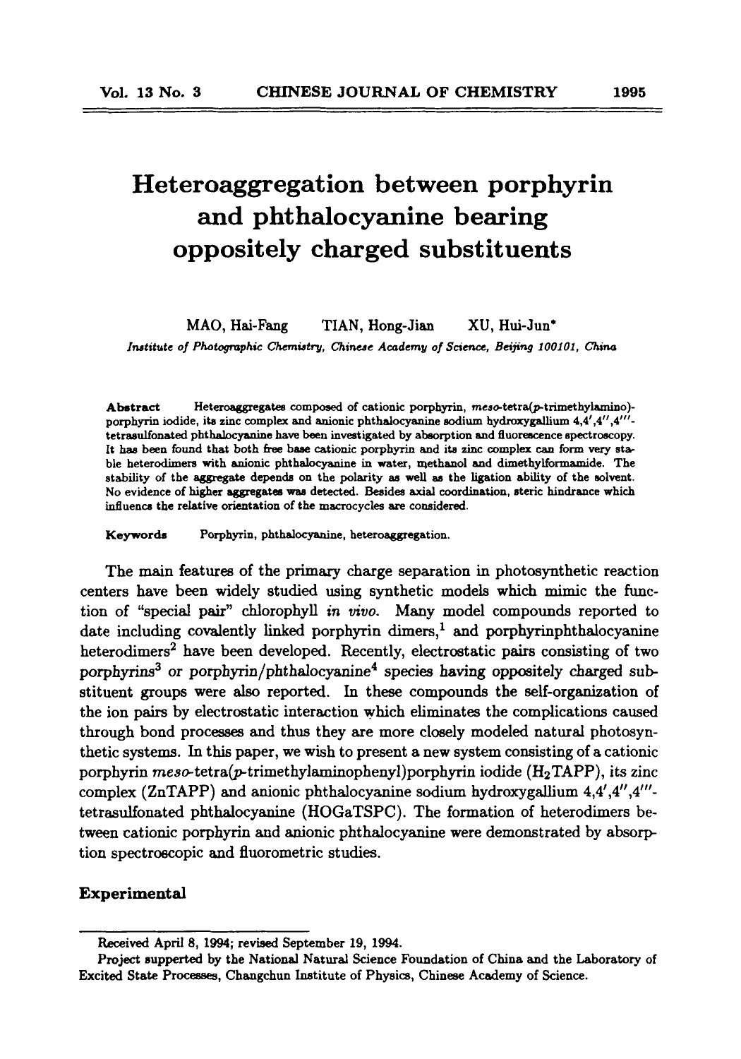 Heteroaggregation between porphyrin and phthalocyanine bearing oppositely charged substituents by Unknown