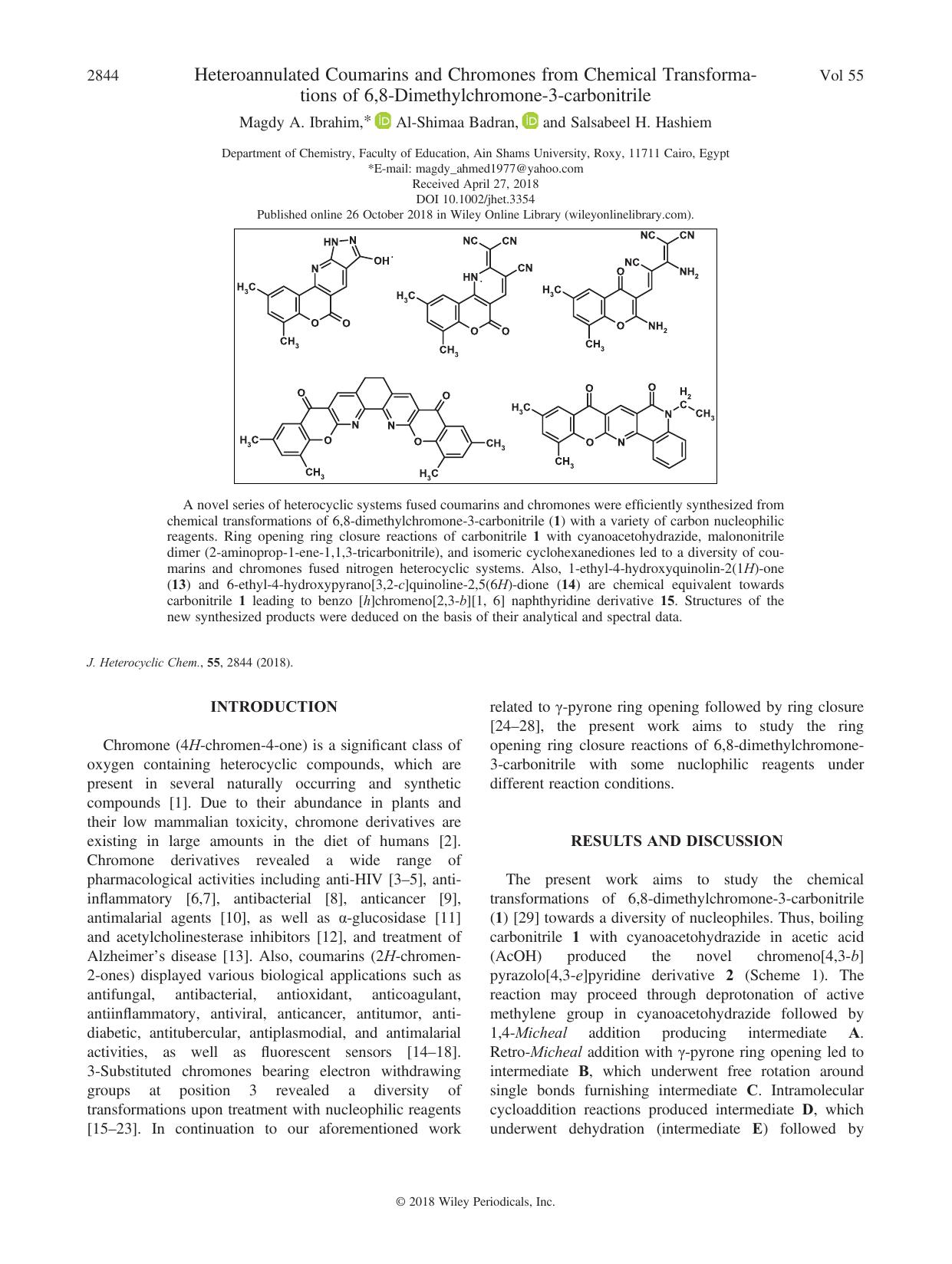 Heteroannulated Coumarins and Chromones from Chemical Transformations of 6,8-Dimethylchromone-3-carbonitrile by Magdy A. Ibrahim Al-Shimaa Badran Salsabeel H. Hashiem