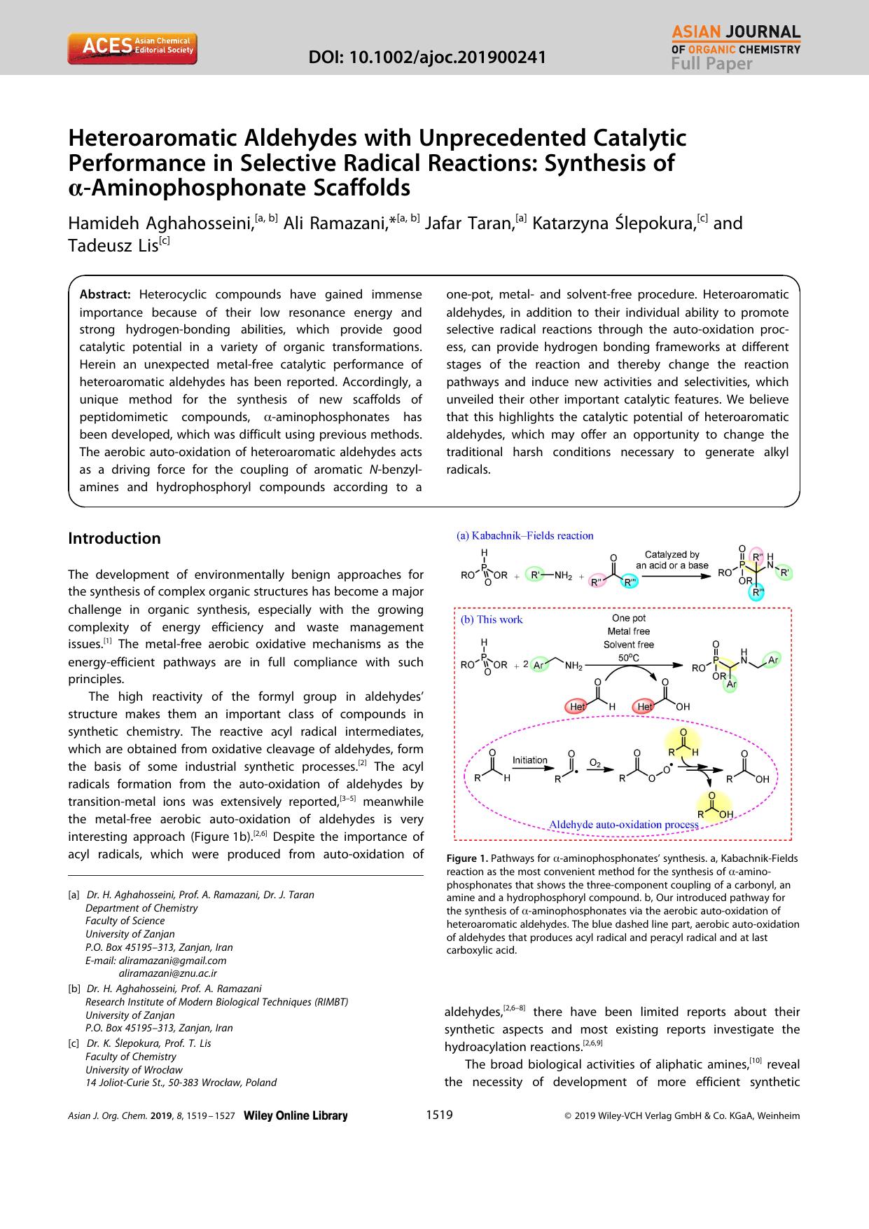 Heteroaromatic Aldehydes with Unprecedented Catalytic Performance in Selective Radical Reactions: Synthesis of Î±âAminophosphonate Scaffolds by Unknown