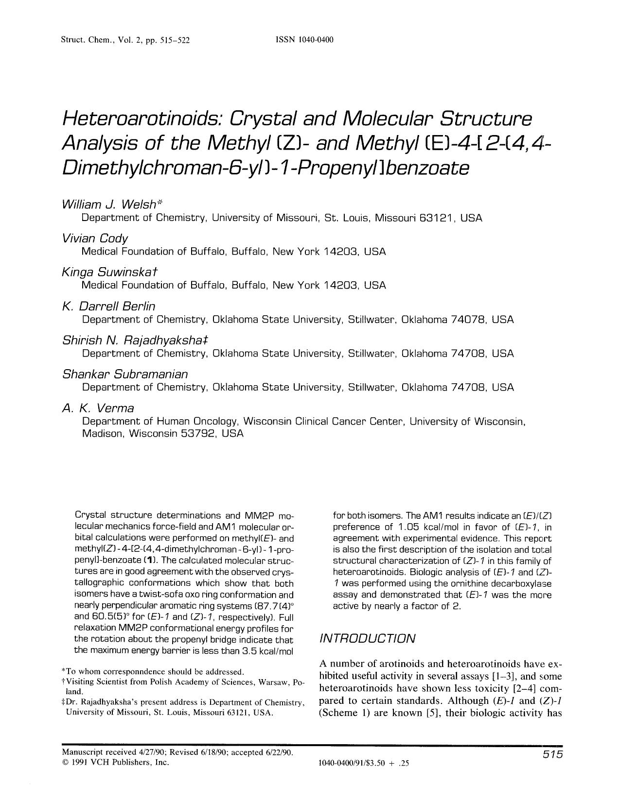 Heteroarotinoids: Crystal and molecular structure analysis of the methyl (Z)- and methyl (E) -4-[2-(4,4-Dimethylchroman-6-yl)-1-Propenyl]benzoate by Unknown