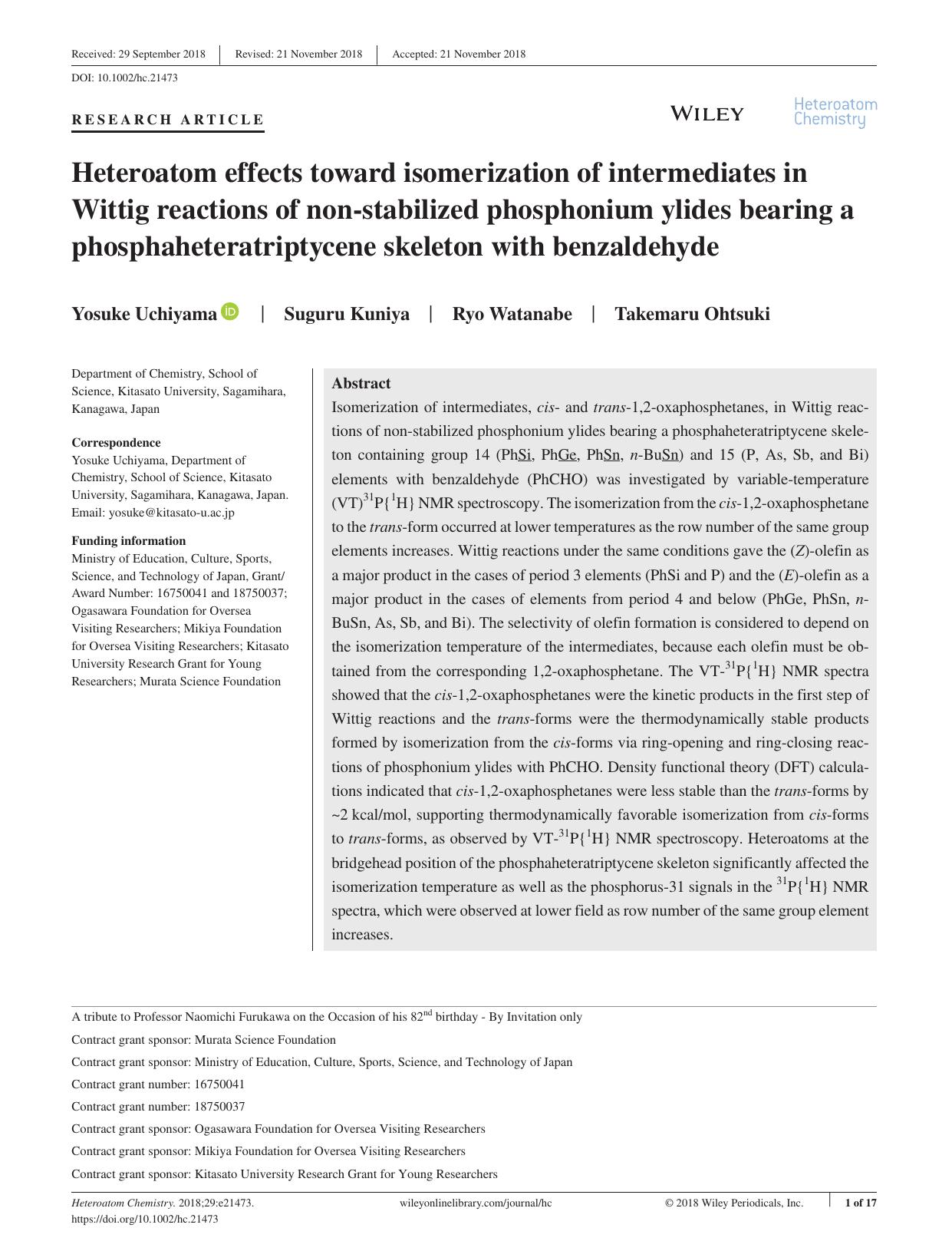 Heteroatom effects toward isomerization of intermediates in Wittig reactions of nonâstabilized phosphonium ylides bearing a phosphaheteratriptycene skeleton with benzaldehyde by Unknown