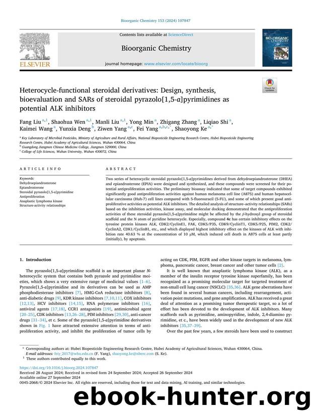 Heterocycle-functional steroidal derivatives: Design, synthesis, bioevaluation and SARs of steroidal pyrazolo[1,5- a ]pyrimidines as potential ALK inhibitors by unknow