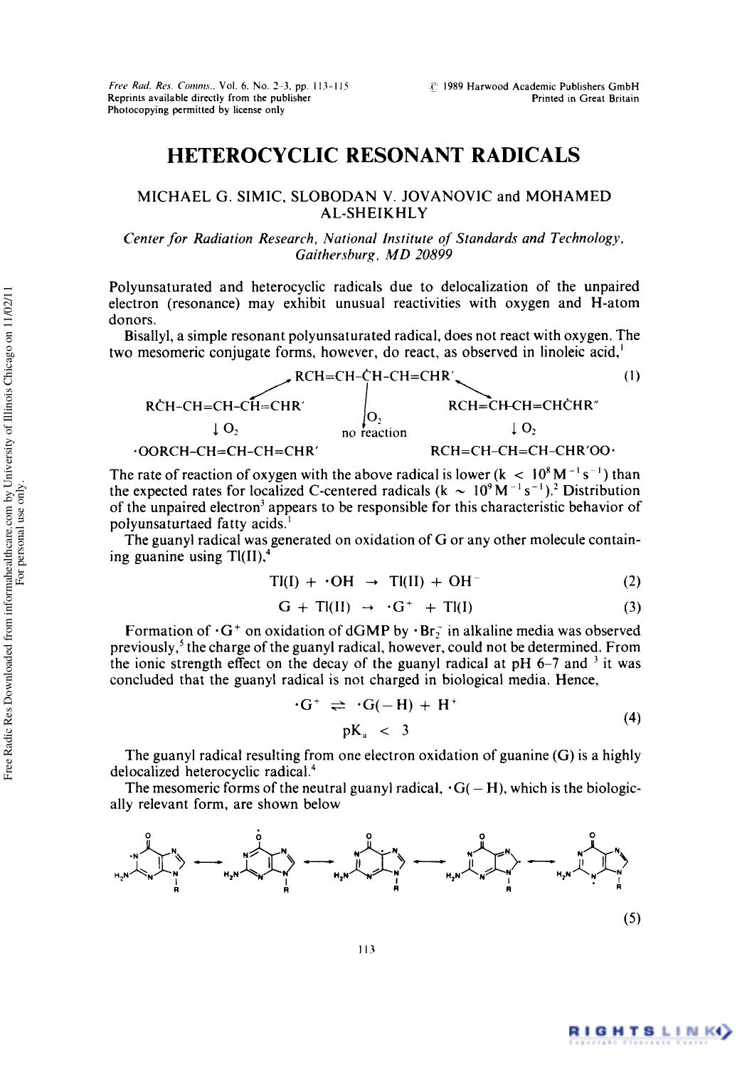 Heterocyclic Resonant Radicals by Michael G. Simic1 Slobodan V. Jovanovic1 & Mohamed Al-Sheikhly1