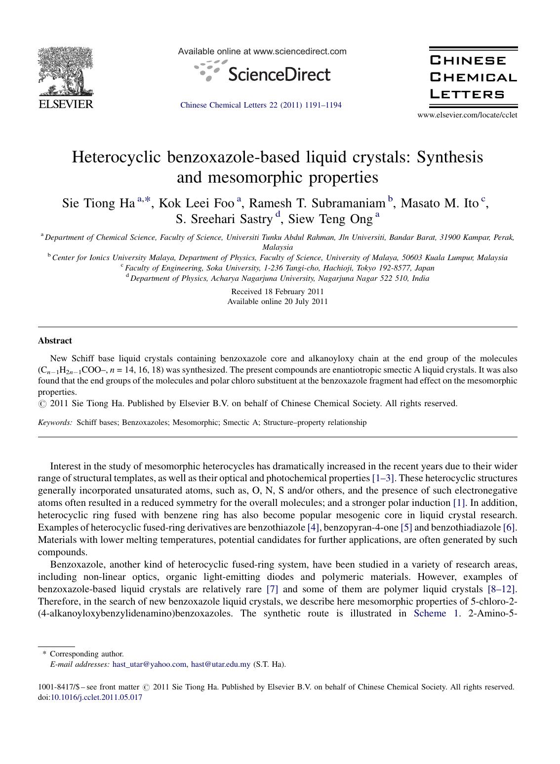 Heterocyclic benzoxazole-based liquid crystals: Synthesis and mesomorphic properties by Sie Tiong Ha
