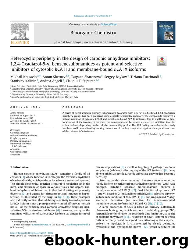 Heterocyclic periphery in the design of carbonic anhydrase inhibitors: 1,2,4-Oxadiazol-5-yl benzenesulfonamides as potent and selective inhibitors of cytosolic hCA II and membrane- by unknow