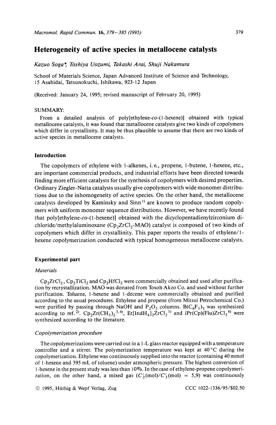 Heterogeneity of active species in metallocene catalysts by Unknown