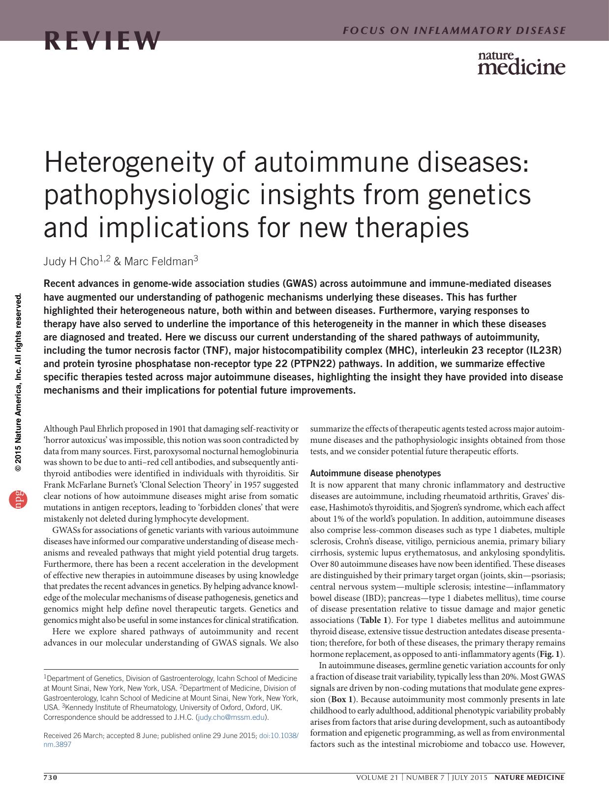 Heterogeneity of autoimmune diseases: pathophysiologic insights from genetics and implications for new therapies by Judy H Cho & Marc Feldman