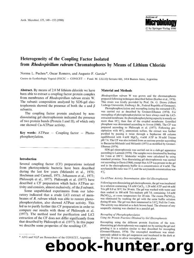 Heterogeneity of the coupling factor isolated from <Emphasis Type="Italic">Rhodospirillum rubrum<Emphasis> chromatophores by means of lithium chloride by Unknown