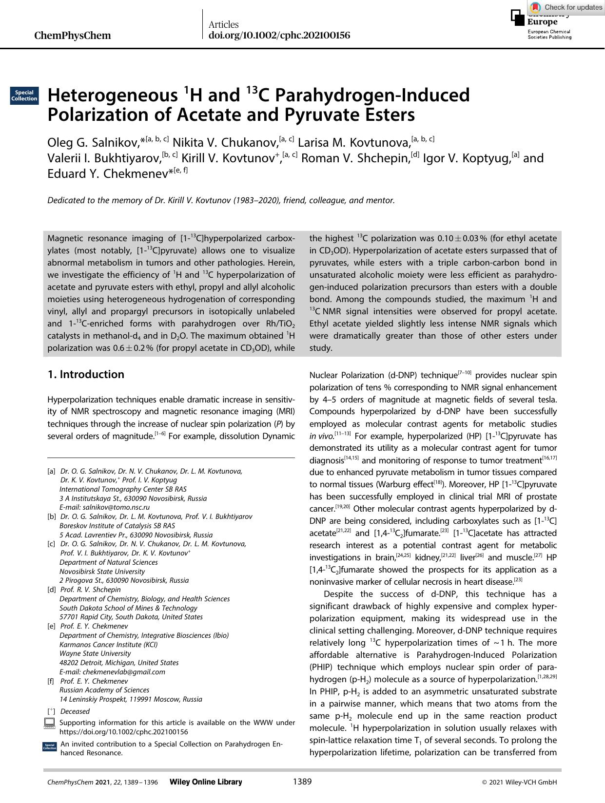 Heterogeneous 1H and 13C ParahydrogenâInduced Polarization of Acetate and Pyruvate Esters by Unknown