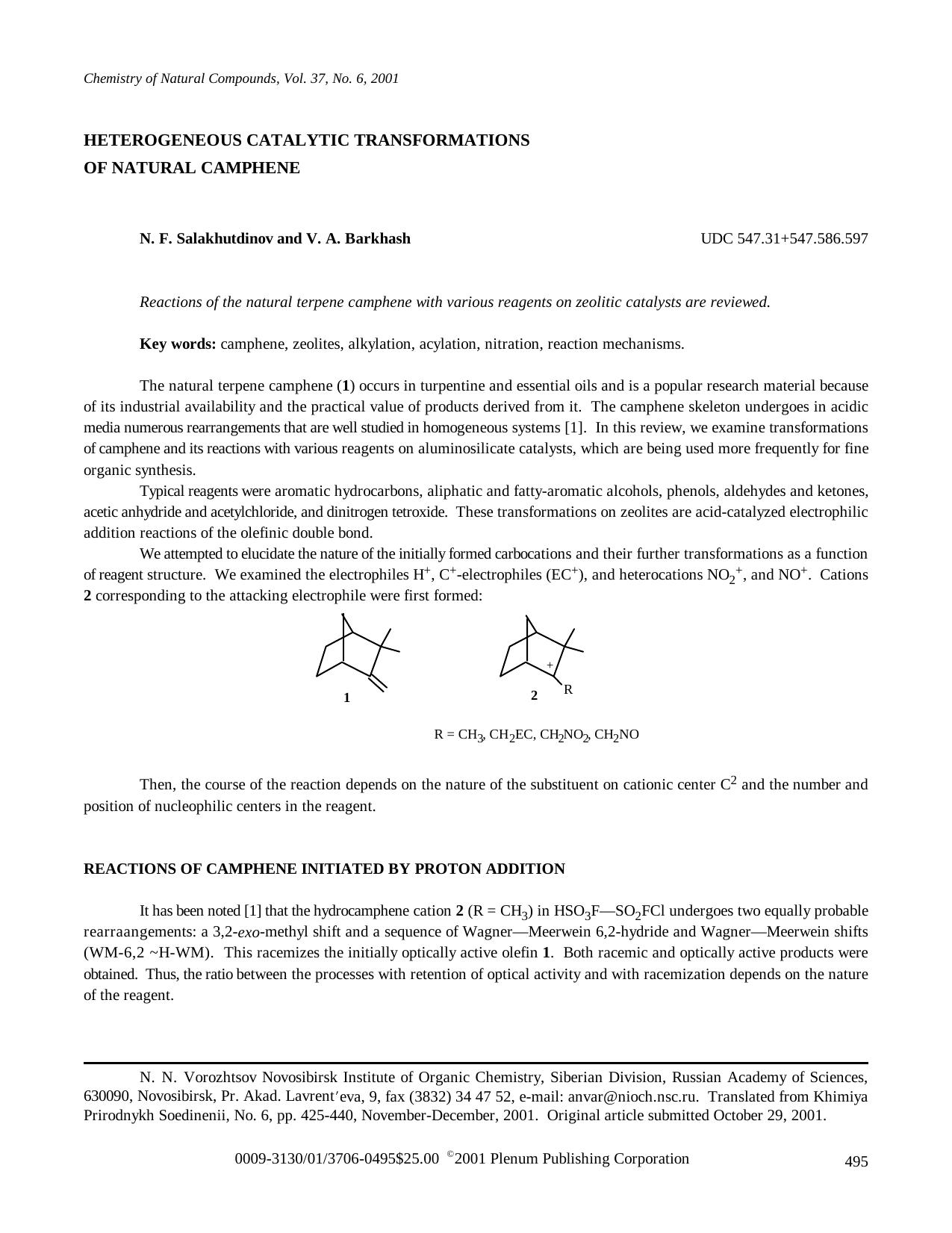 Heterogeneous Catalytic Transformations of Natural Camphene by Unknown