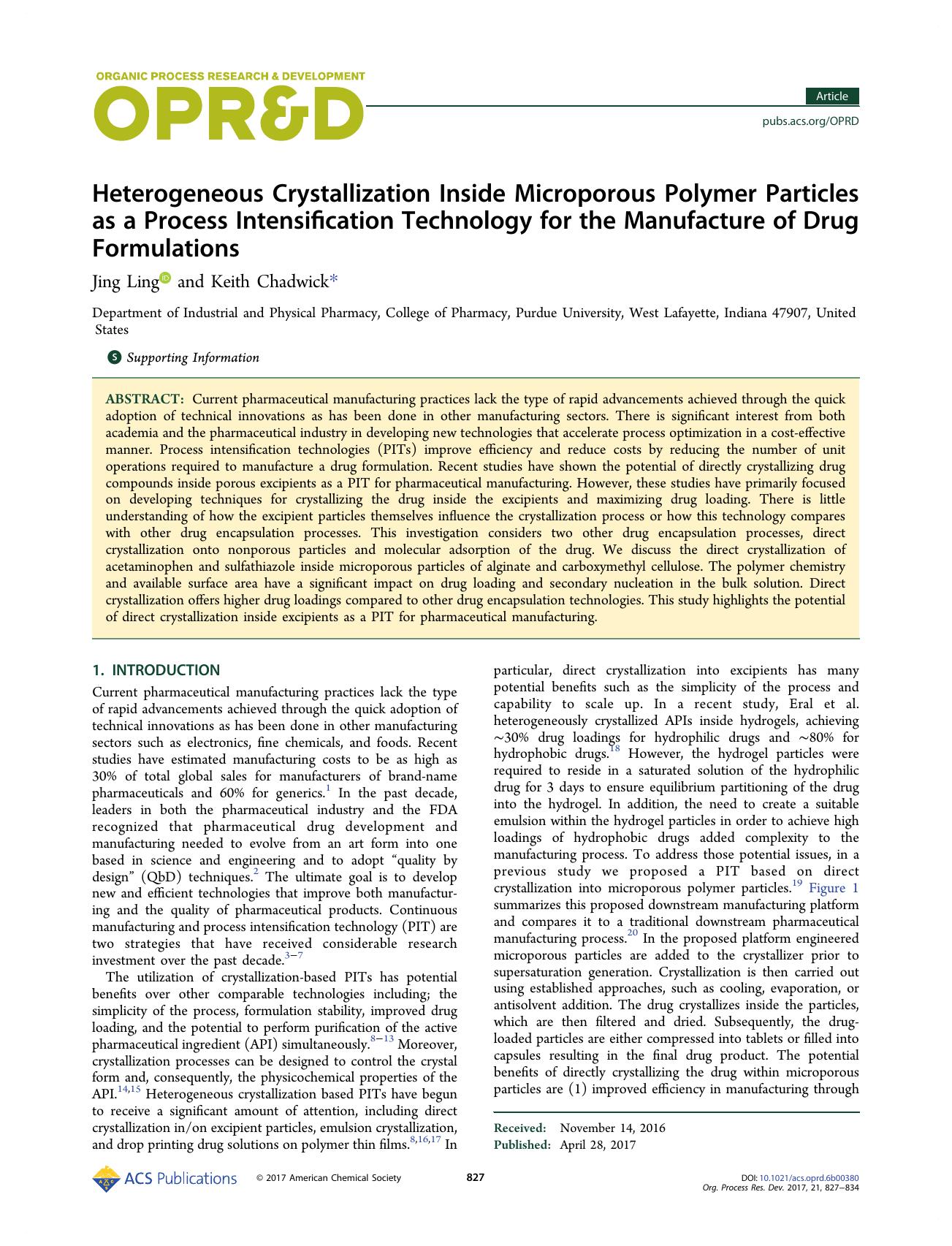 Heterogeneous Crystallization Inside Microporous Polymer Particles as a Process Intensification Technology for the Manufacture of Drug Formulations by Jing Ling & Keith Chadwick