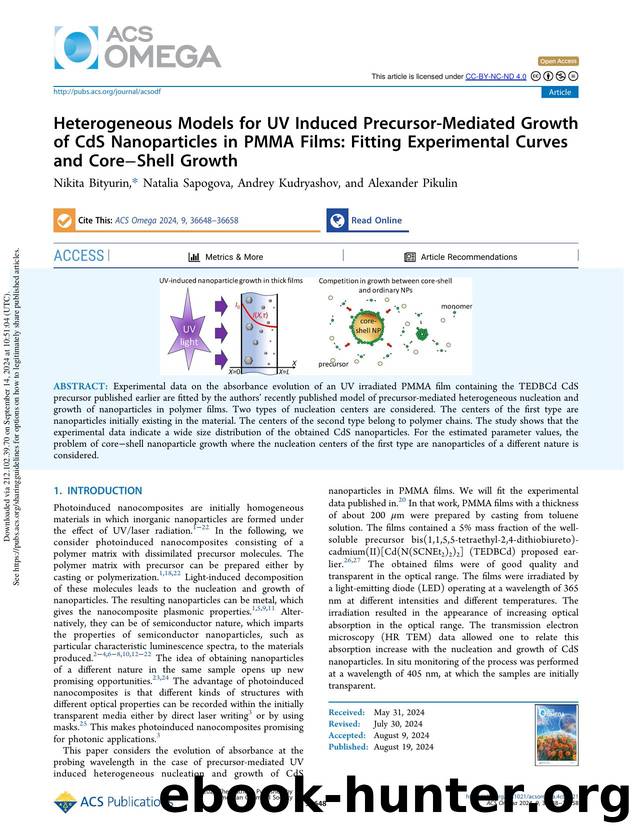 Heterogeneous Models for UV Induced Precursor-Mediated Growth of CdS Nanoparticles in PMMA Films: Fitting Experimental Curves and CoreâShell Growth by Nikita Bityurin Natalia Sapogova Andrey Kudryashov & Alexander Pikulin
