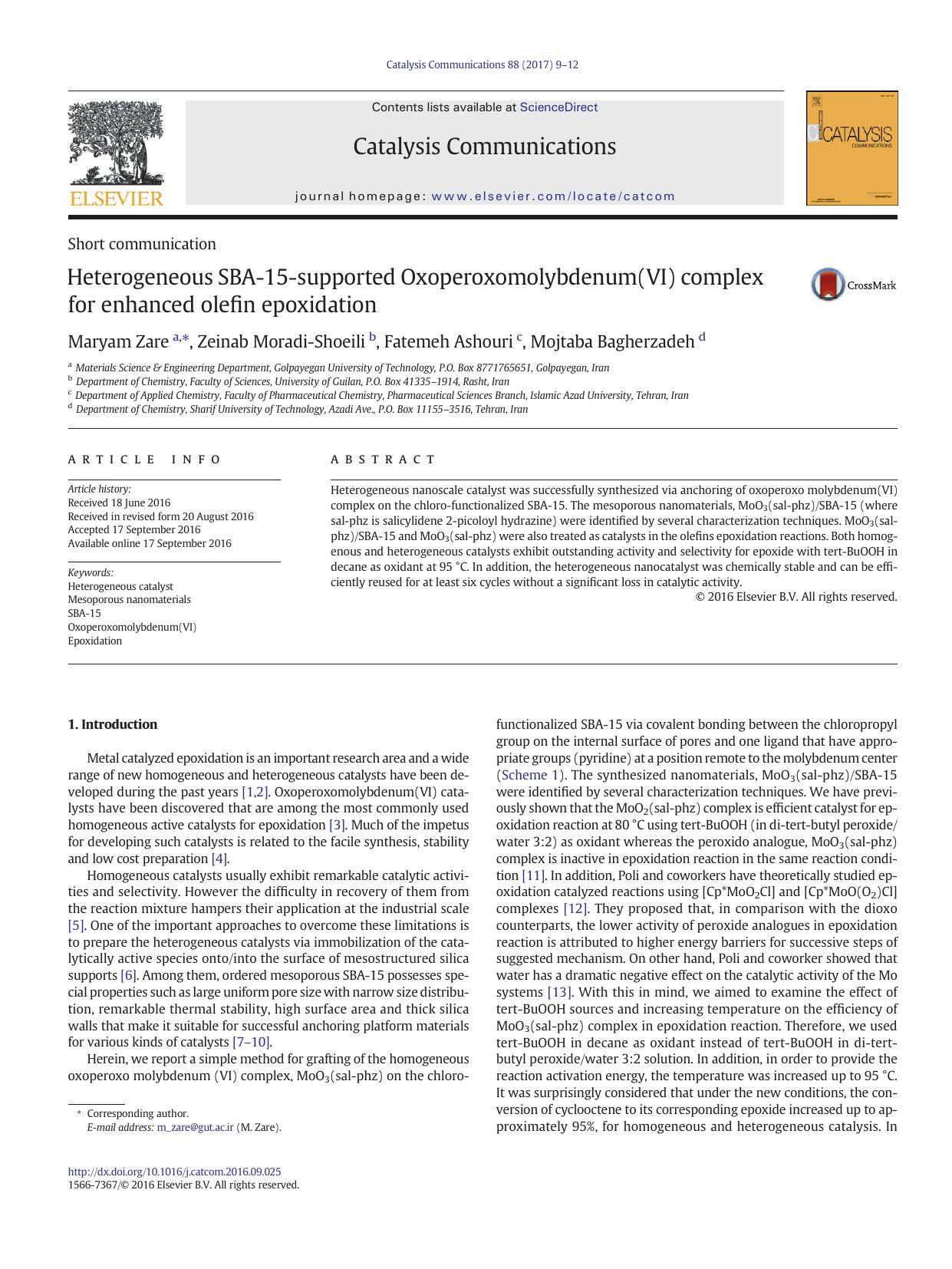 Heterogeneous SBA-15-supported Oxoperoxomolybdenum(VI) complex for enhanced olefin epoxidation by Maryam Zare & Zeinab Moradi-Shoeili & Fatemeh Ashouri & Mojtaba Bagherzadeh