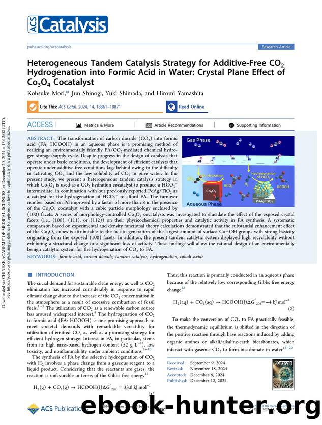 Heterogeneous Tandem Catalysis Strategy for Additive-Free CO2 Hydrogenation into Formic Acid in Water: Crystal Plane Effect of Co3O4 Cocatalyst by Kohsuke Mori Jun Shinogi Yuki Shimada & Hiromi Yamashita