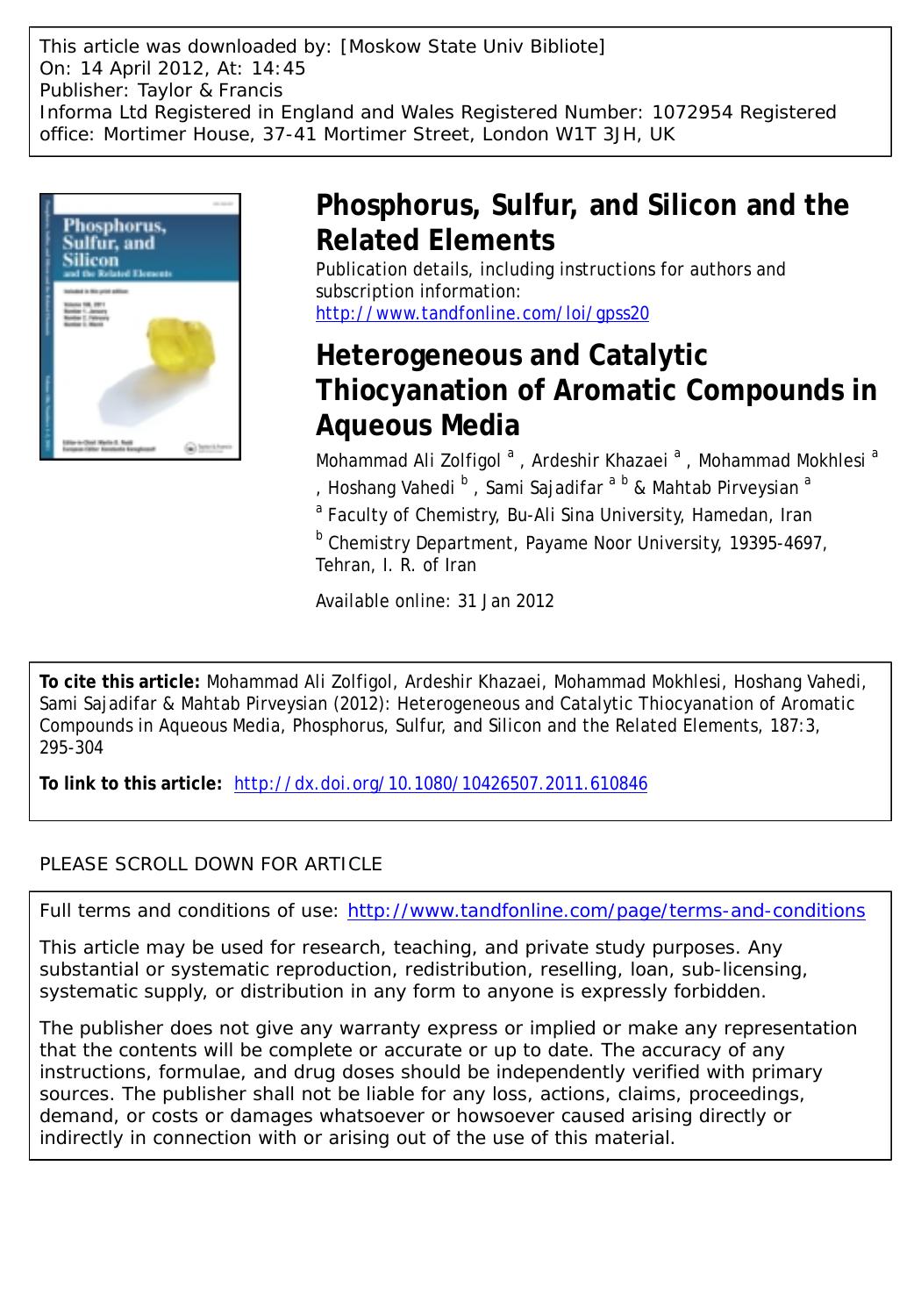 Heterogeneous and Catalytic Thiocyanation of Aromatic Compounds in Aqueous Media by unknow