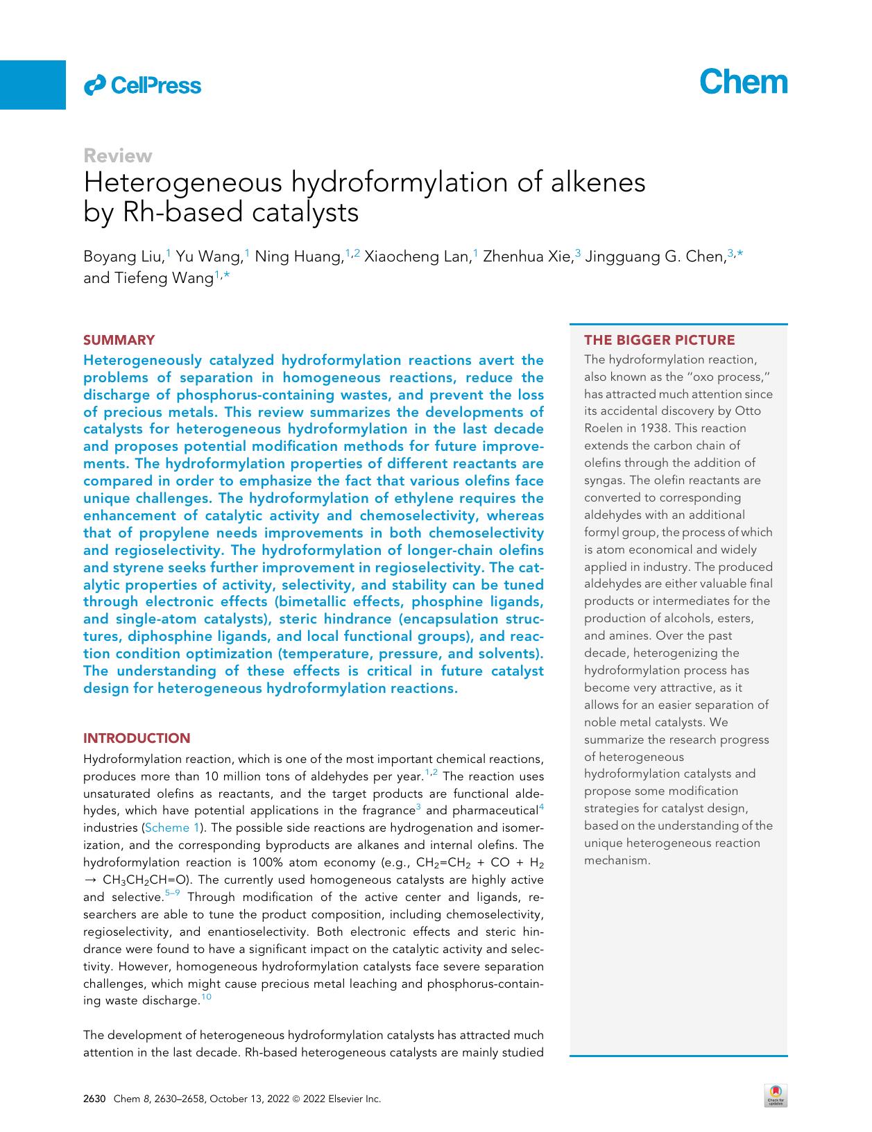 Heterogeneous hydroformylation of alkenes by Rh-based catalysts by Boyang Liu & Yu Wang & Ning Huang & Xiaocheng Lan & Zhenhua Xie & Jingguang G. Chen & Tiefeng Wang