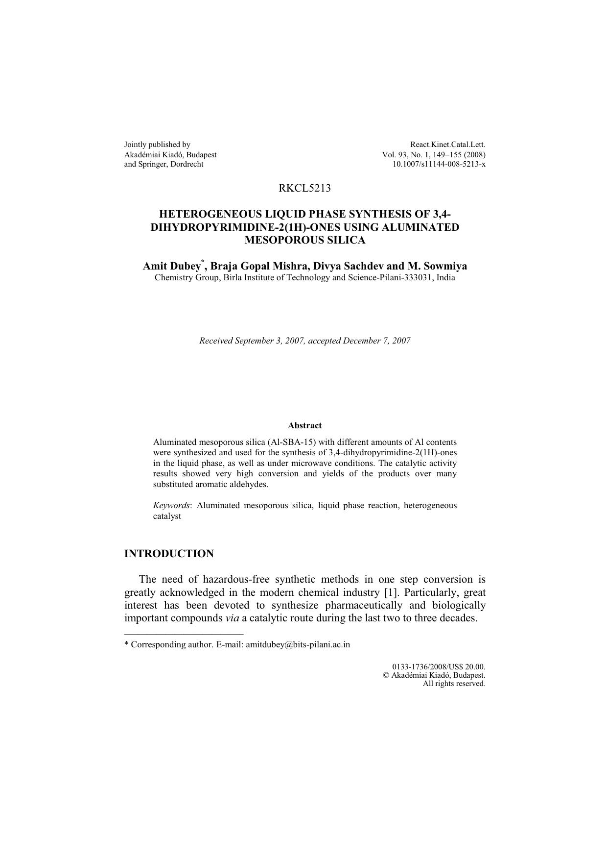 Heterogeneous liquid phase synthesis of 3,4-dihydropyrimidine-2(1H)-ones using aluminated mesoporous silica by Unknown