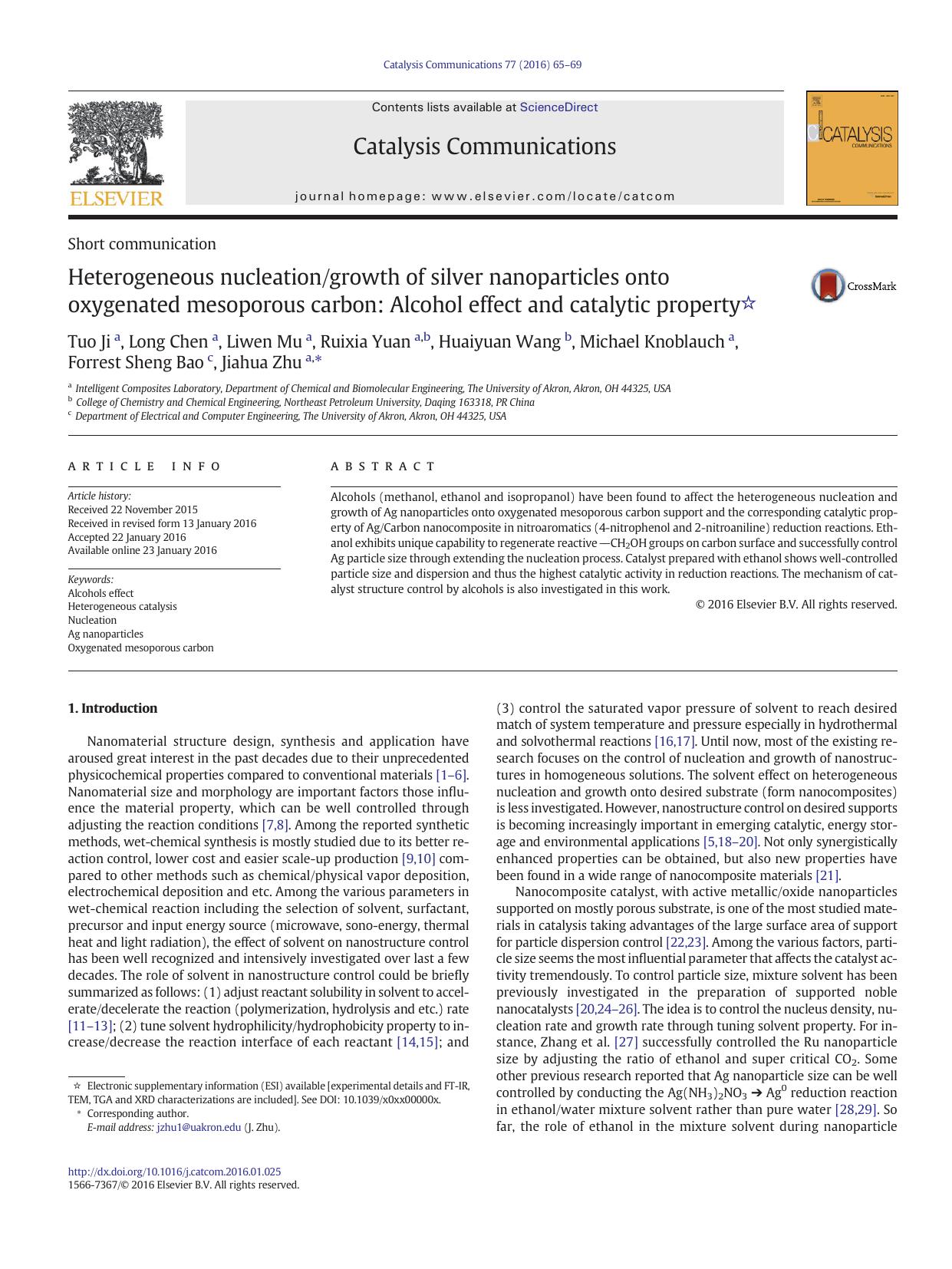 Heterogeneous nucleationgrowth of silver nanoparticles onto oxygenated mesoporous carbon: Alcohol effect and catalytic property by unknow