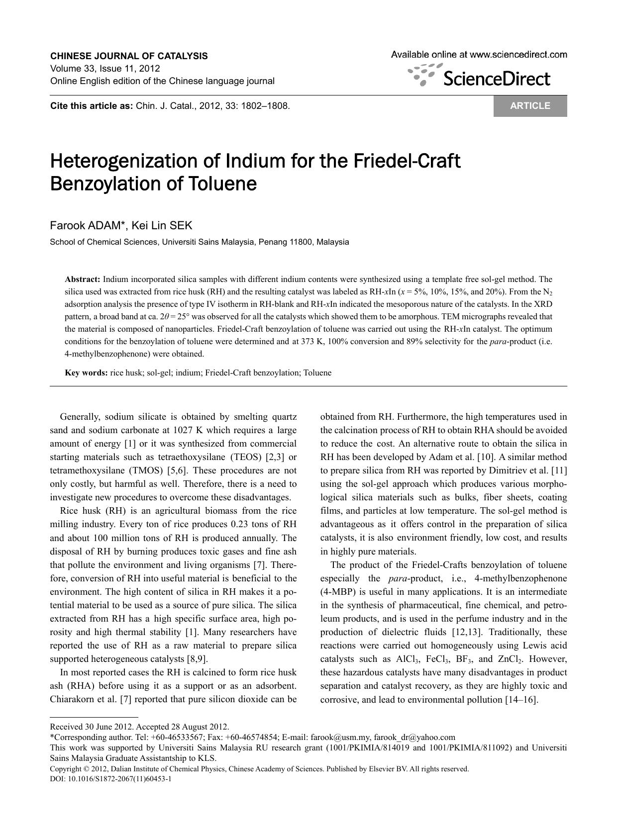 Heterogenization of Indium for the Friedel-Craft Benzoylation of Toluene by Farook ADAM & Kei Lin SEK