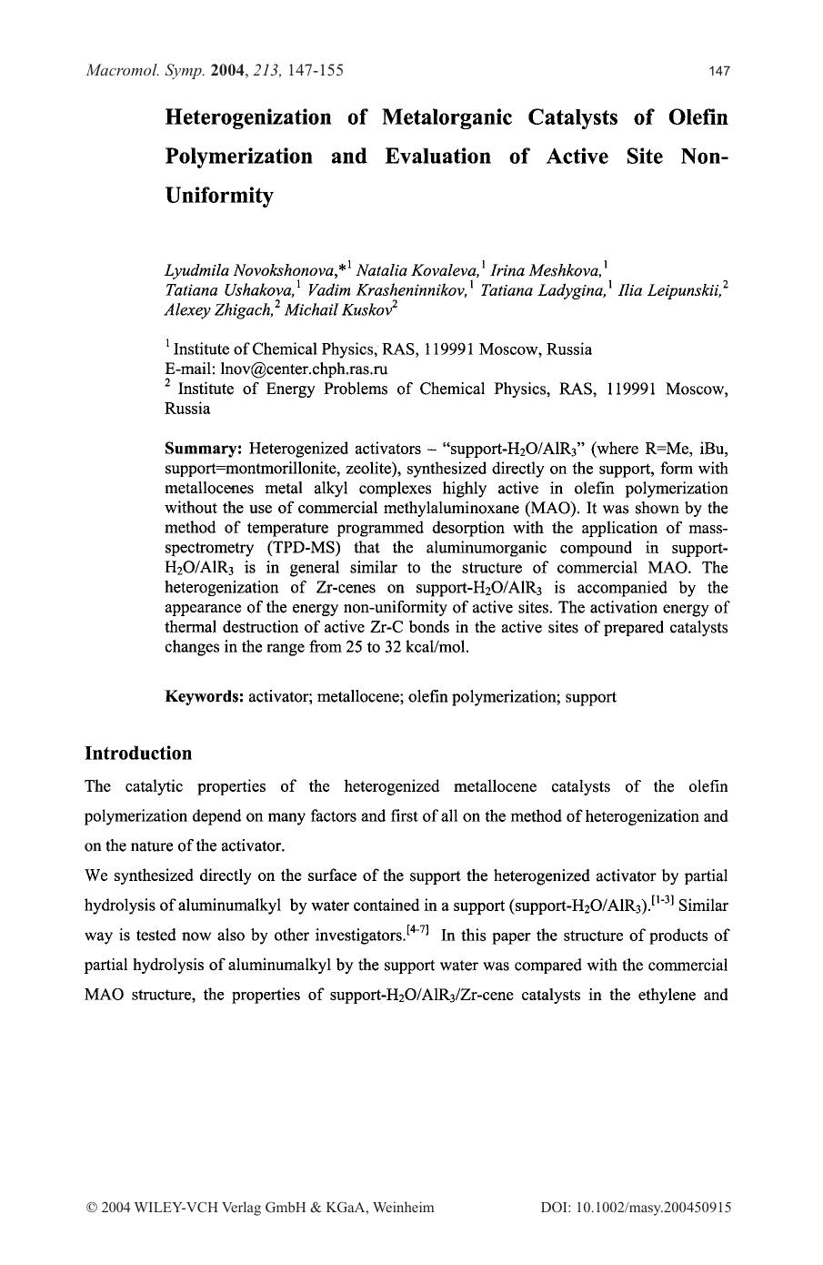 Heterogenization of metalorganic catalysts of olefin polymerization and evaluation of active site non-uniformity by Unknown