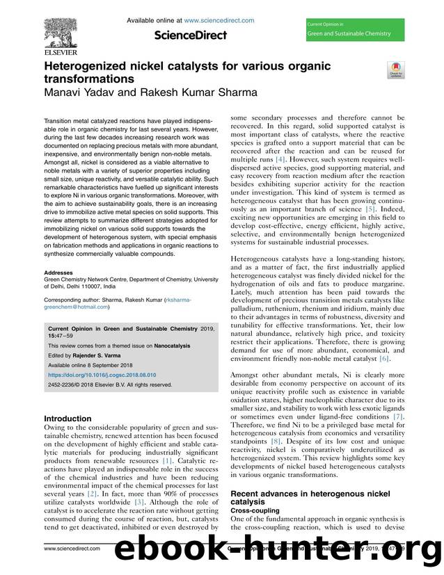 Heterogenized nickel catalysts for various organic transformations by Manavi Yadav