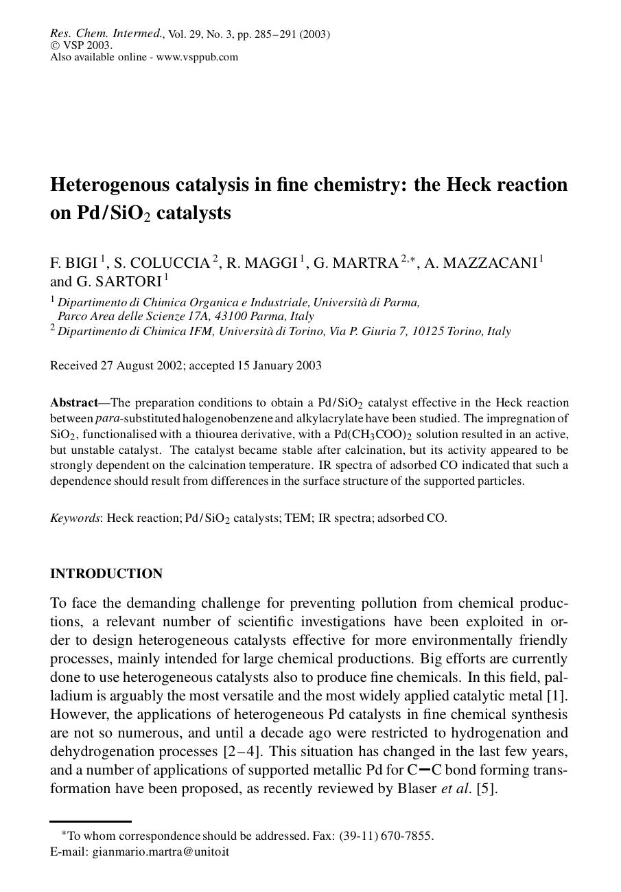 Heterogenous catalysis in fine chemistry: the Heck reaction on PdSiO<Subscript>2<Subscript> catalysts by Unknown