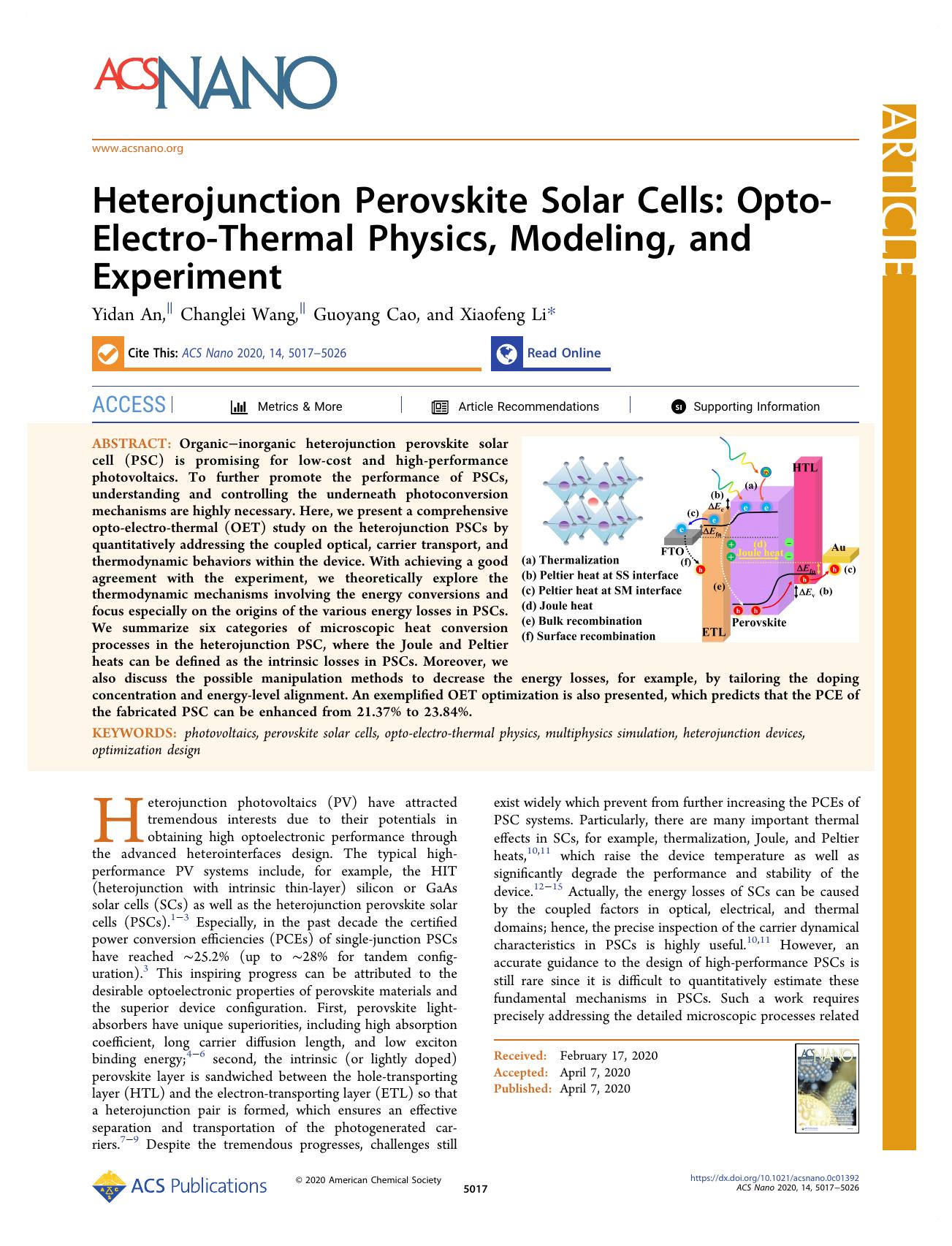 Heterojunction Perovskite Solar Cells: Opto-Electro-Thermal Physics, Modeling, and Experiment by Yidan An Changlei Wang Guoyang Cao and Xiaofeng Li