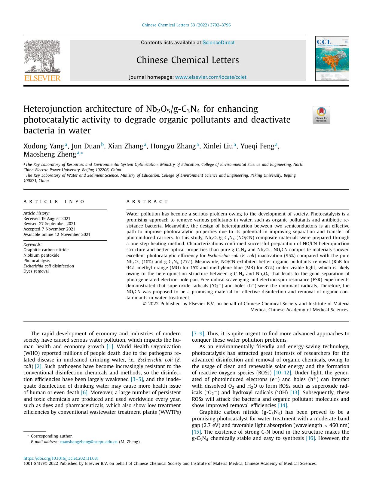 Heterojunction architecture of Nb2O5g-C3N4 for enhancing photocatalytic activity to degrade organic pollutants and deactivate bacteria in water by Xudong Yang & Jun Duan & Xian Zhang & Hongyu Zhang & Xinlei Liu & Yueqi Feng & Maosheng Zheng