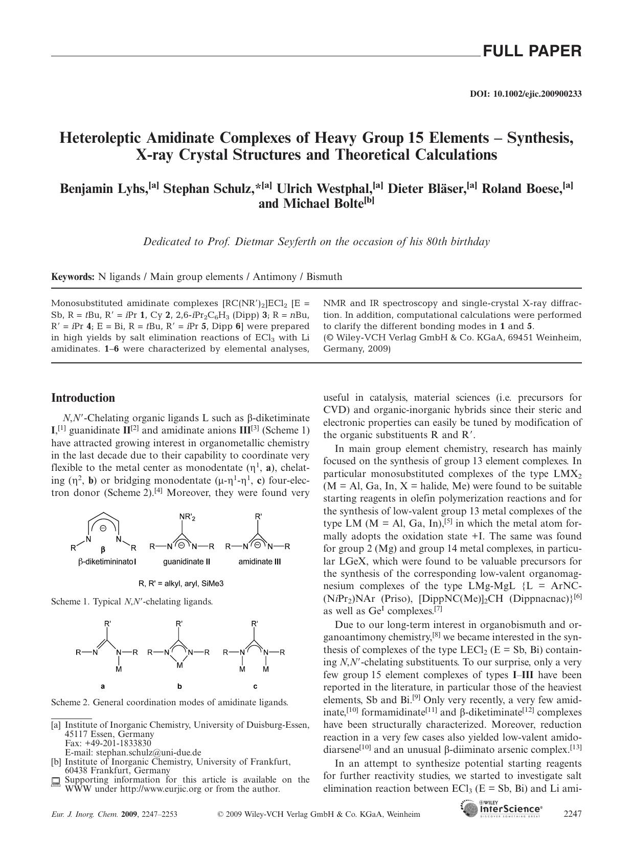 Heteroleptic Amidinate Complexes of Heavy Group 15 Elements - Synthesis, X-ray Crystal Structures and Theoretical Calculations by Unknown