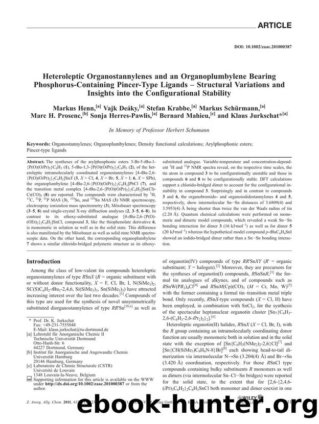 Heteroleptic Organostannylenes and an Organoplumbylene Bearing PhosphorusContaining PincerType Ligands  Structural Variations and Insights into the Configurational Stability by Unknown