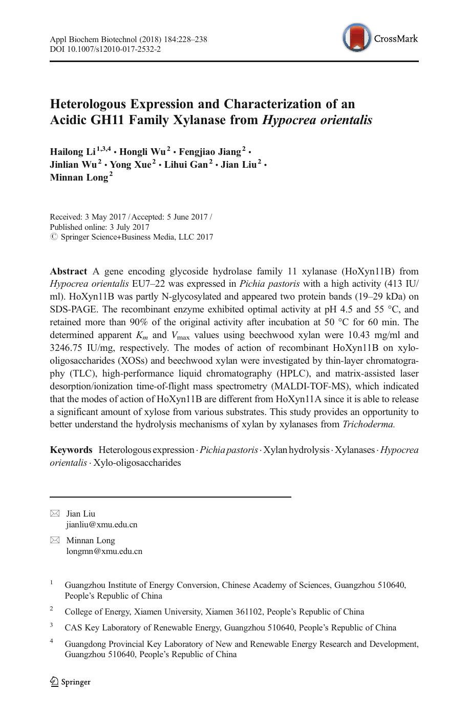 Heterologous Expression and Characterization of an Acidic GH11 Family Xylanase from Hypocrea orientalis by Hailong Li & Hongli Wu & Fengjiao Jiang & Jinlian Wu & Yong Xue & Lihui Gan & Jian Liu & Minnan Long