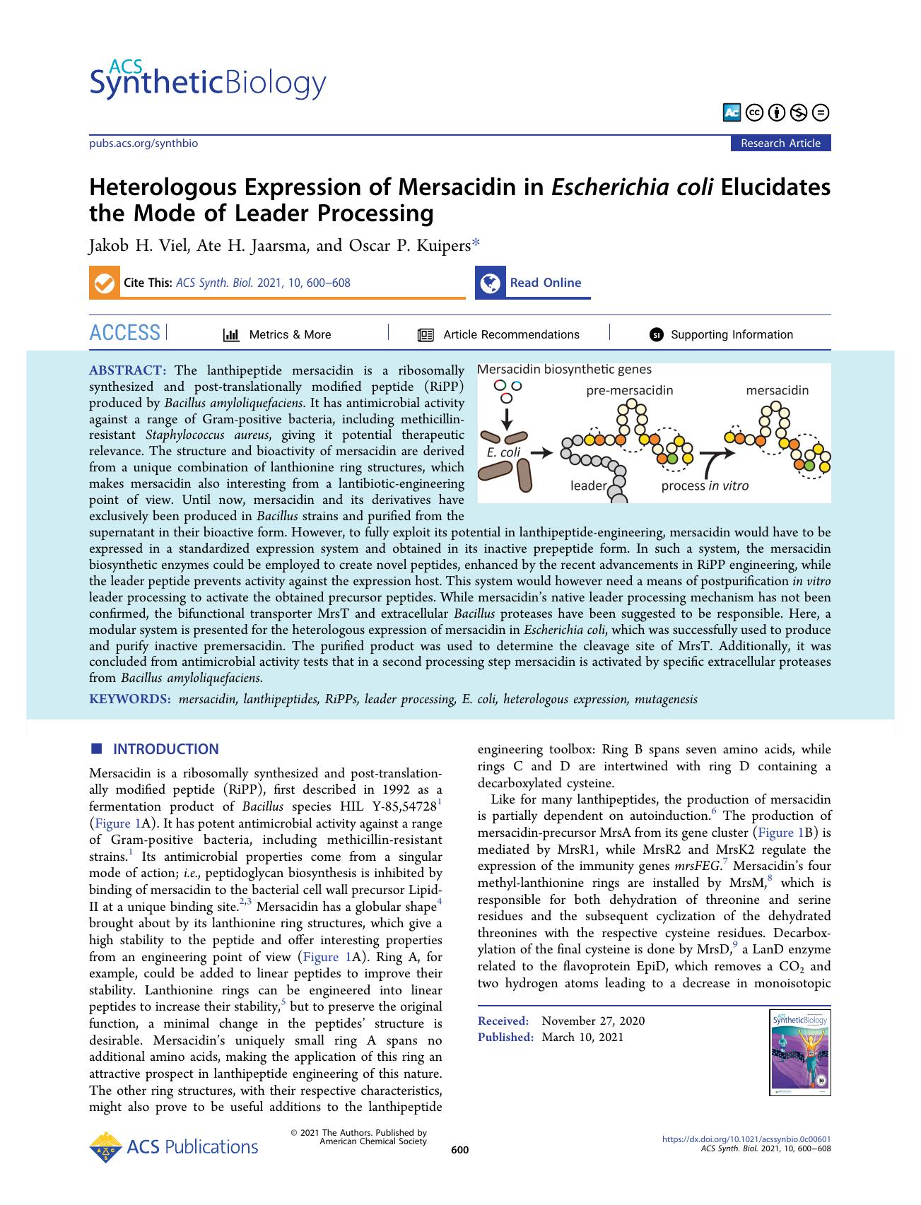 Heterologous Expression of Mersacidin in Escherichia coli Elucidates the Mode of Leader Processing by Jakob H. Viel Ate H. Jaarsma and Oscar P. Kuipers