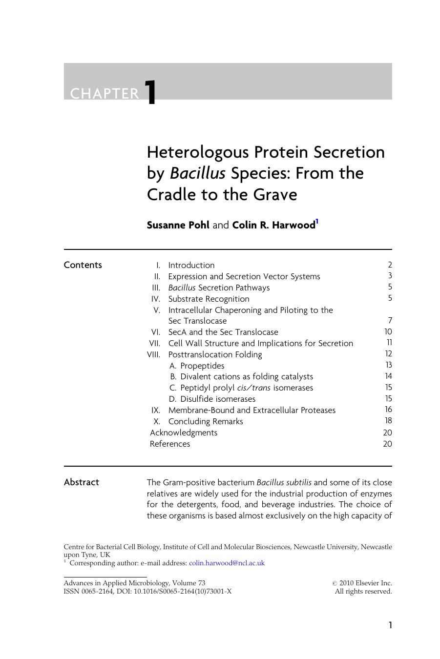 Heterologous Protein Secretion by Bacillus Species: From the Cradle to the Grave by Susanne Pohl & Colin R. Harwood