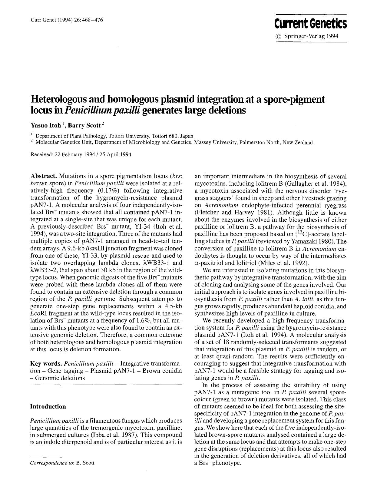 Heterologous and homologous plasmid integration at a spore-pigment locus in <Emphasis Type="Italic">Penicillium paxilli<Emphasis> generates large deletions by Unknown