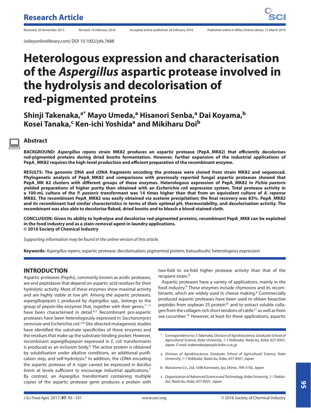 Heterologous expression and characterisation of the Aspergillus aspartic protease involved in the hydrolysis and decolorisation of red-pigmented proteins by Unknown