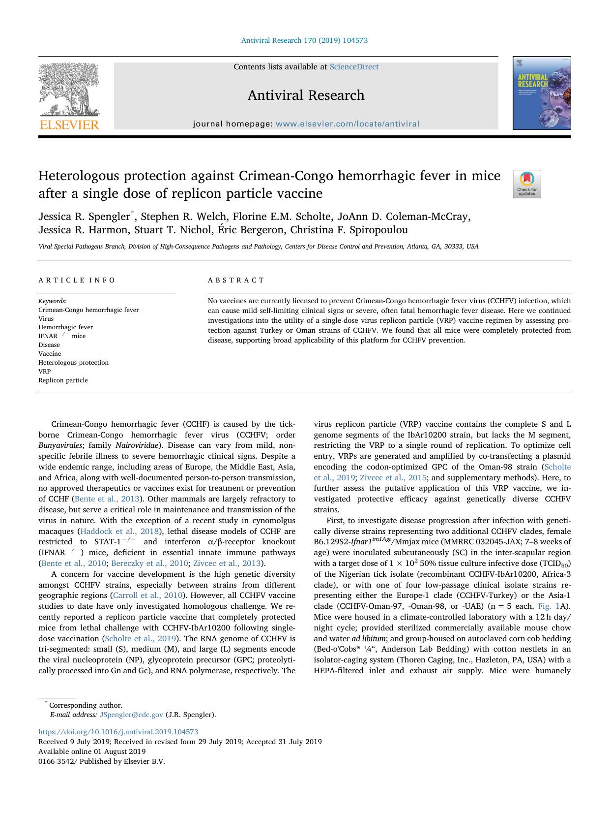 Heterologous protection against Crimean-Congo hemorrhagic fever in mice after a single dose of replicon particle vaccine by unknow
