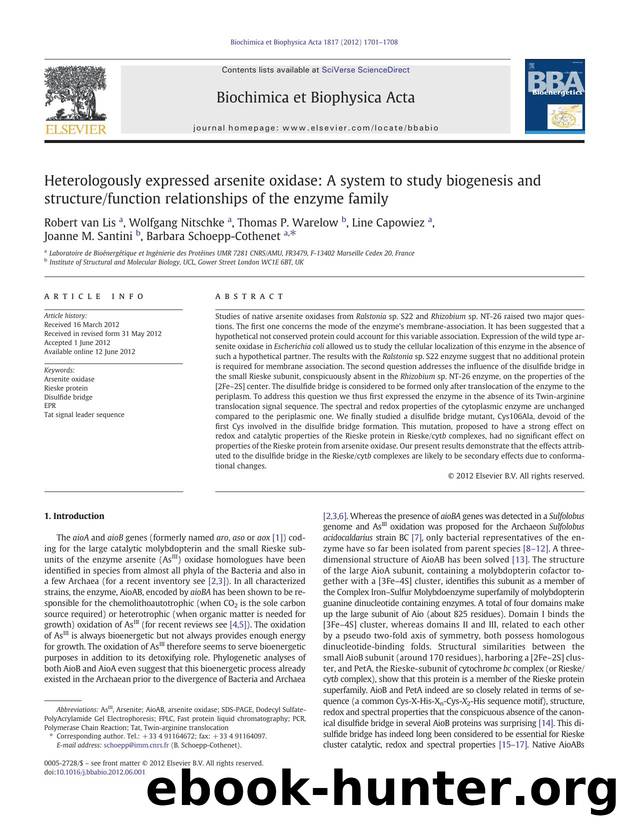 Heterologously expressed arsenite oxidase: A system to study biogenesis and structurefunction relationships of the enzyme family by unknow
