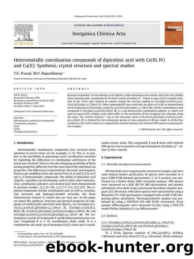 Heterometallic coordination compounds of dipicolinic acid with Ce(III,IV) and Cu(II): Synthesis, crystal structure and spectral studies by T.K. Prasad & M.V. Rajasekharan