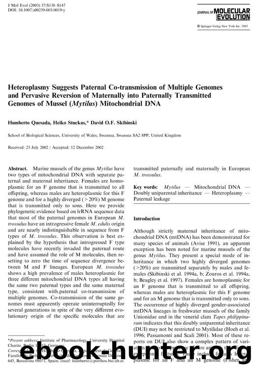 Heteroplasmy Suggests Paternal Co-transmission of Multiple Genomes and Pervasive Reversion of Maternally into Paternally Transmitted Genomes of Mussel (Mytilus) Mitochondrial DNA by Quesada H. et al