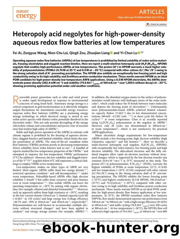 Heteropoly acid negolytes for high-power-density aqueous redox flow batteries at low temperatures by Fei Ai & Zengyue Wang & Nien-Chu Lai & Qingli Zou & Zhuojian Liang & Yi-Chun Lu