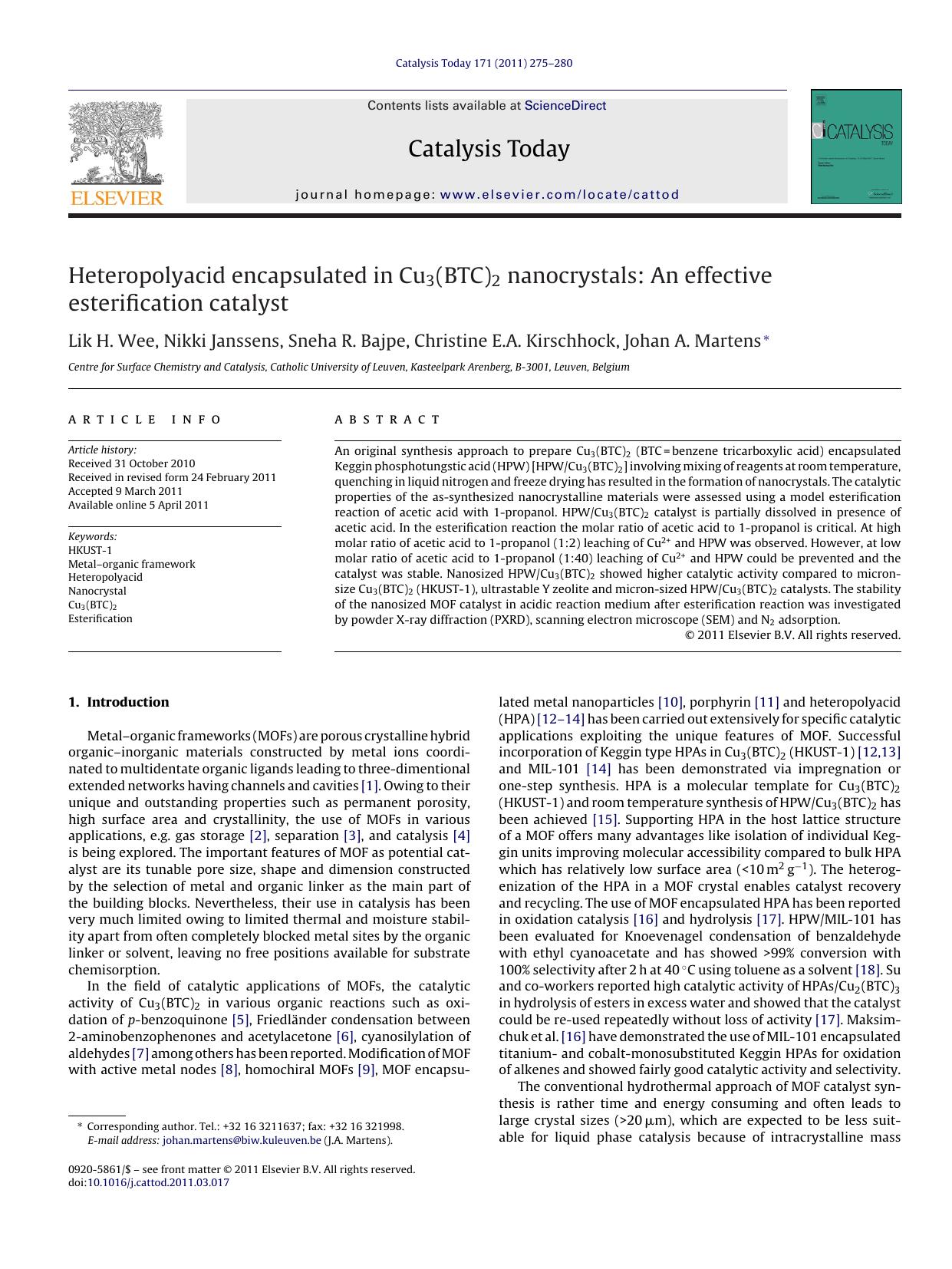 Heteropolyacid encapsulated in Cu3(BTC)2 nanocrystals: An effective esterification catalyst by Lik H. Wee