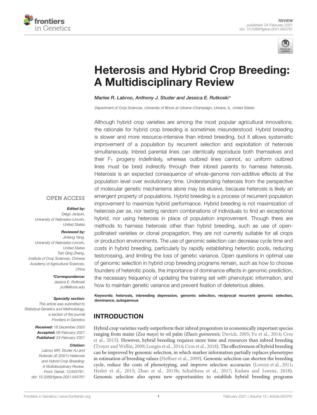 Heterosis and Hybrid Crop Breeding: A Multidisciplinary Review by Jessica E. Rutkoski