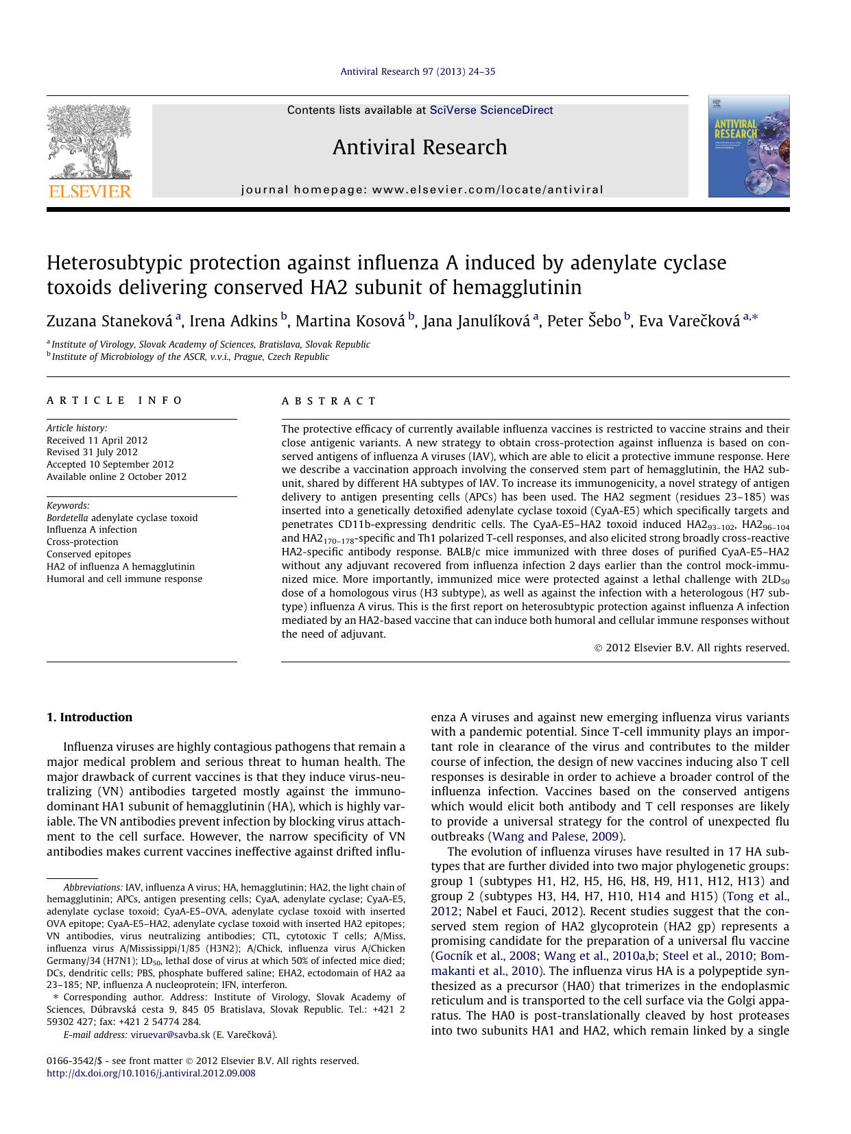Heterosubtypic protection against influenza A induced by adenylate cyclase toxoids delivering conserved HA2 subunit of hemagglutinin by unknow