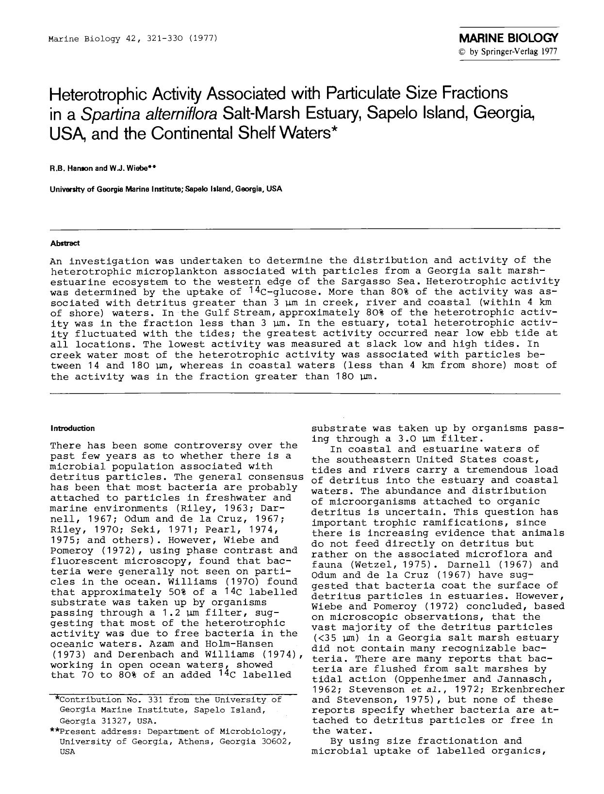 Heterotrophic activity associated with particulate size fractions in a <Emphasis Type="Italic">Spartina alterniflora<Emphasis> salt-marsh estuary, Sapelo Island, Georgia, USA, and by Unknown
