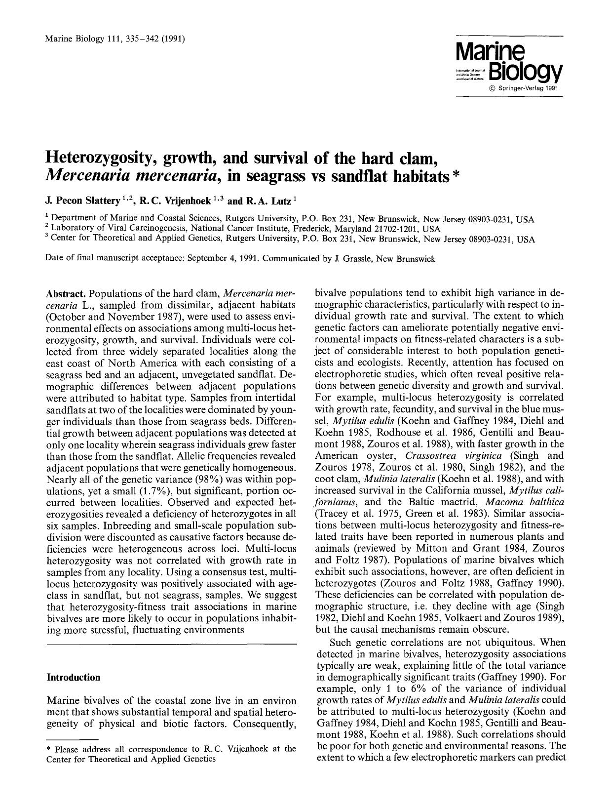 Heterozygosity, growth, and survival of the hard clam, <Emphasis Type="Italic">Mercenaria mercenaria <Emphasis>, in seagrass vs sandflat habitats by Unknown
