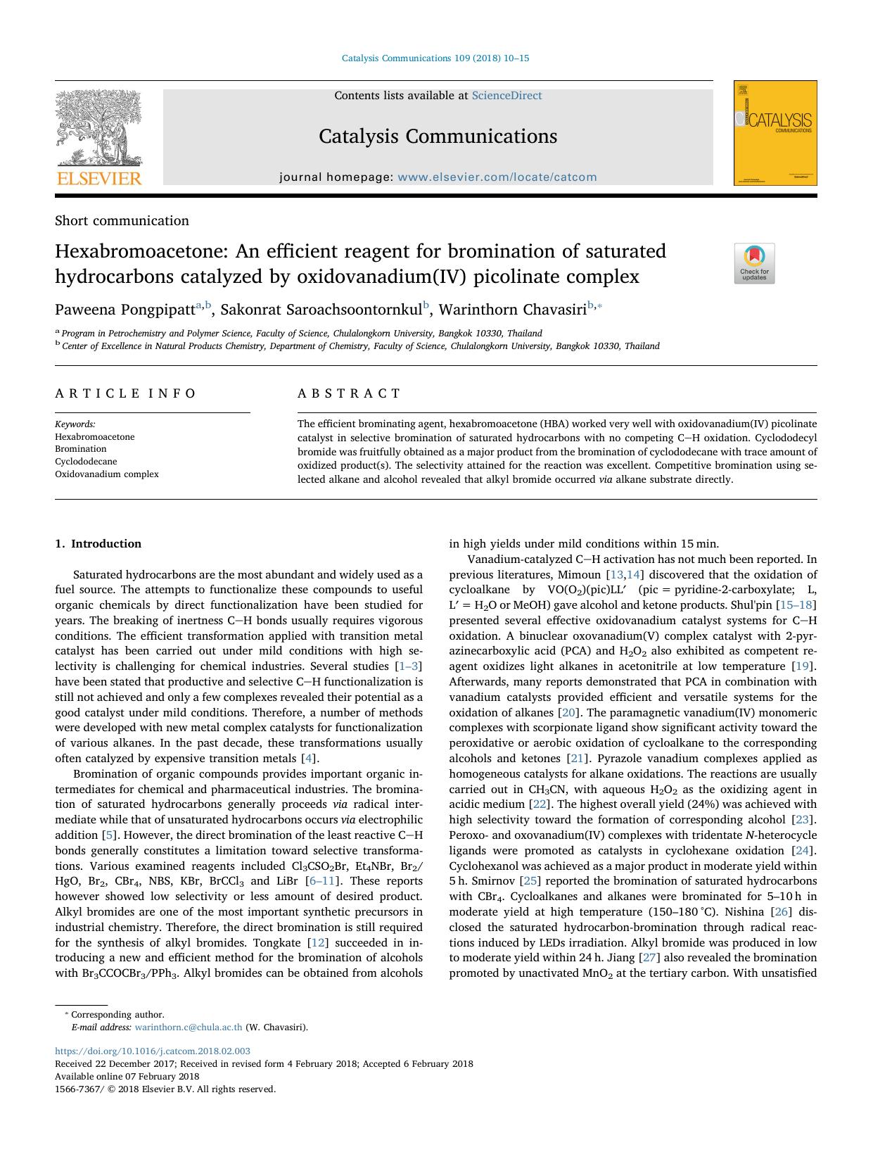 Hexabromoacetone_ An efficient reagent for bromination of saturated hydrocarbons catalyzed by oxidovanadium(IV) picolinate complex by Paweena Pongpipatt & Sakonrat Saroachsoontornkul & Warinthorn Chavasiri